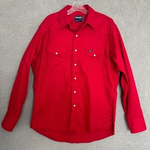 Wrangler Pearl Snap Western Shirt Mens Size 16.5 Red Denim Brushpopper 90s Rodeo